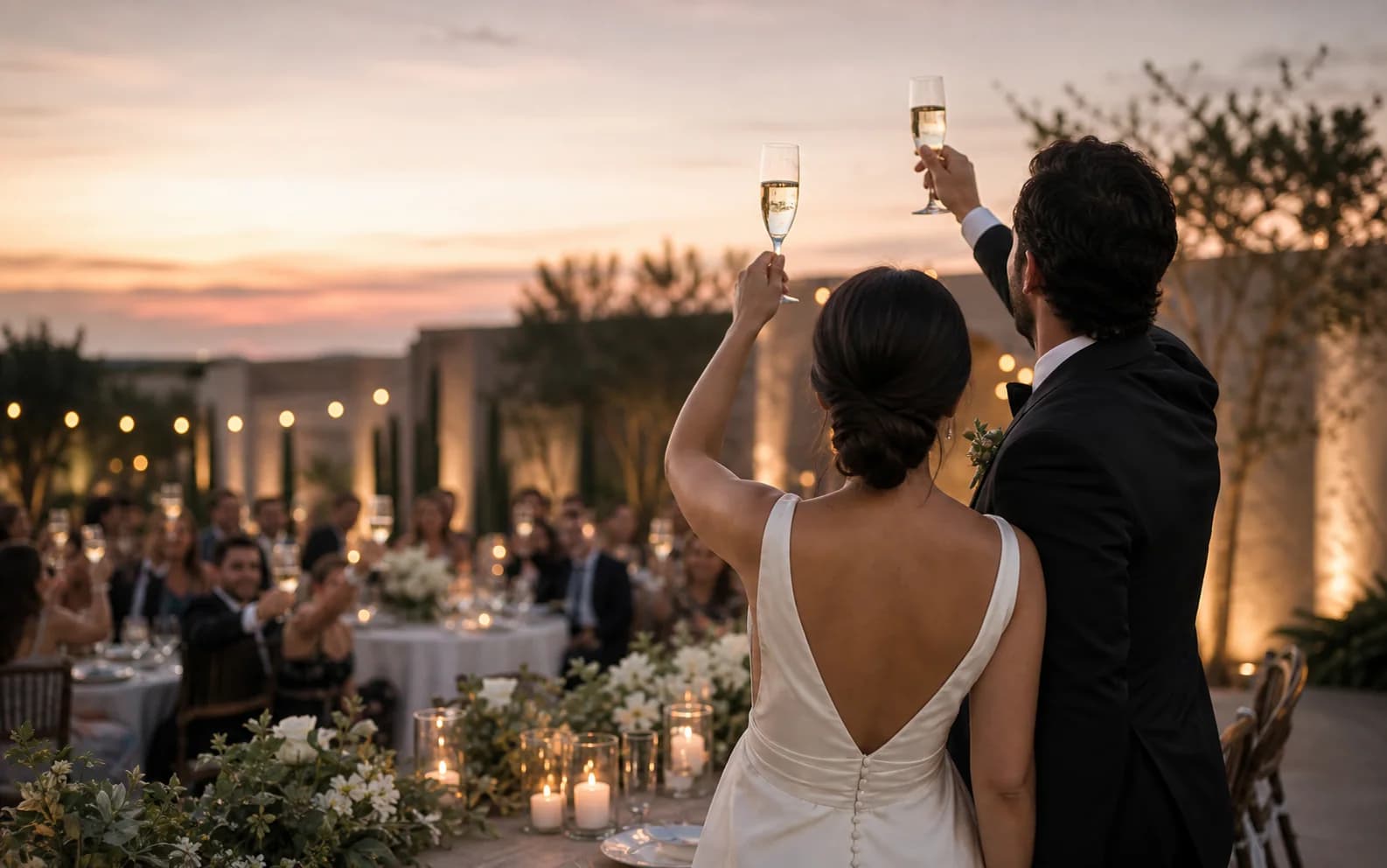 Pareja brindando durante una recepción al atardecer