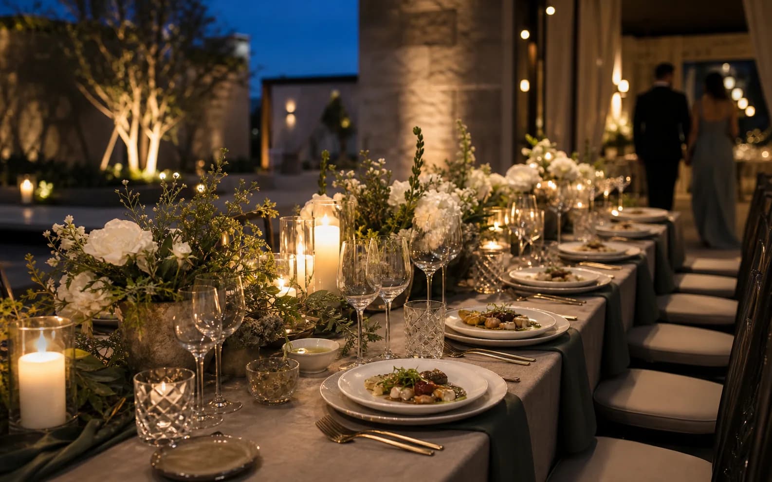 Mesa contemporánea preparada para una recepción elegante con luz de velas