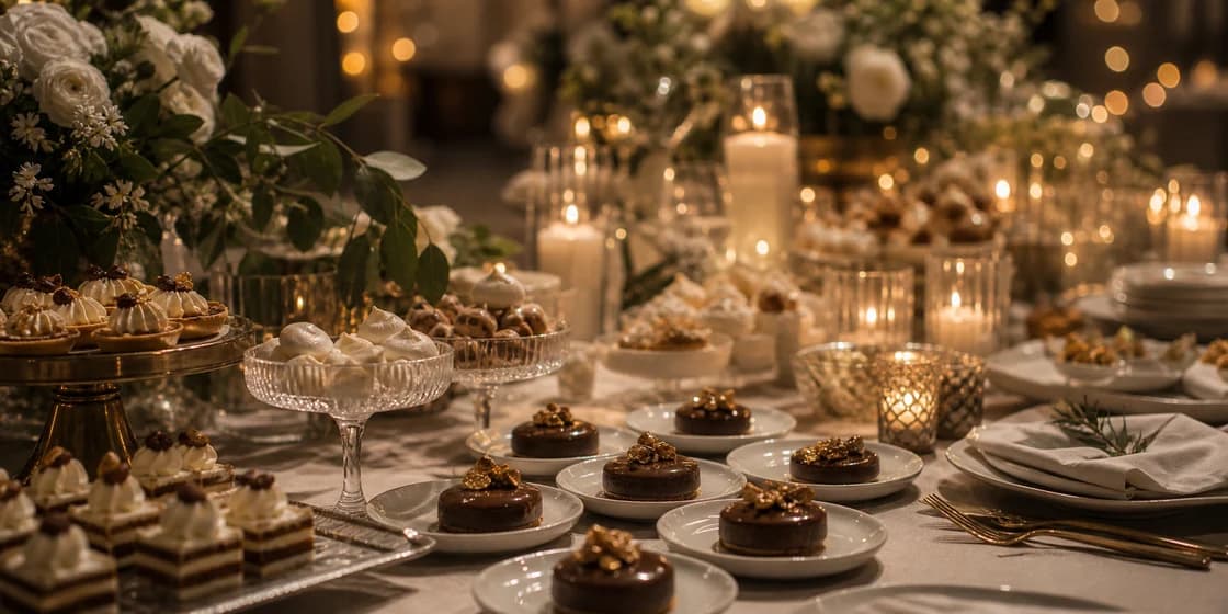 Mesa de postres individuales iluminada con velas
